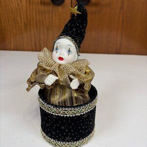 San Francisco Music Box Co Porcelain Jester Doll in Black & Gold Music Box